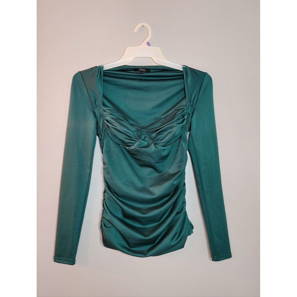 Forever 21 Green Long-Sleeve Ruched Top Size Large